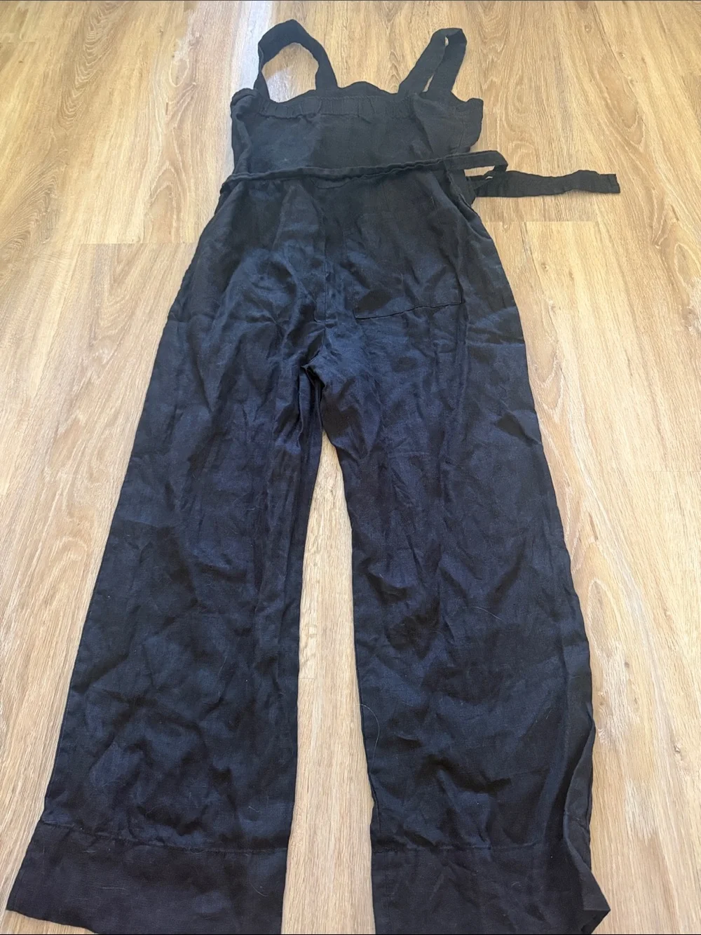 100% European linen square neck Jumpsuit black XS